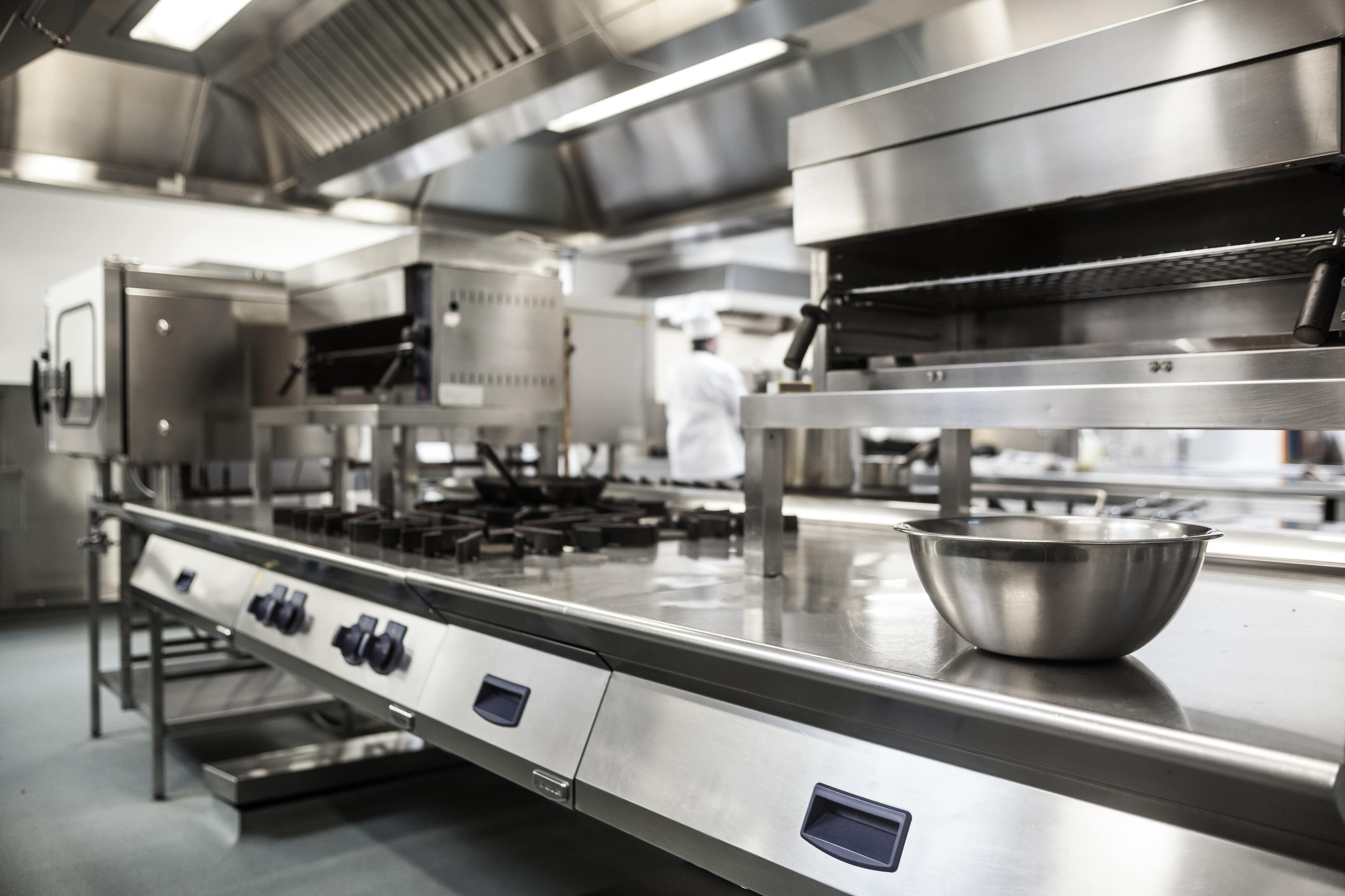 Commercial Kitchen With Stainless Steel Bowls